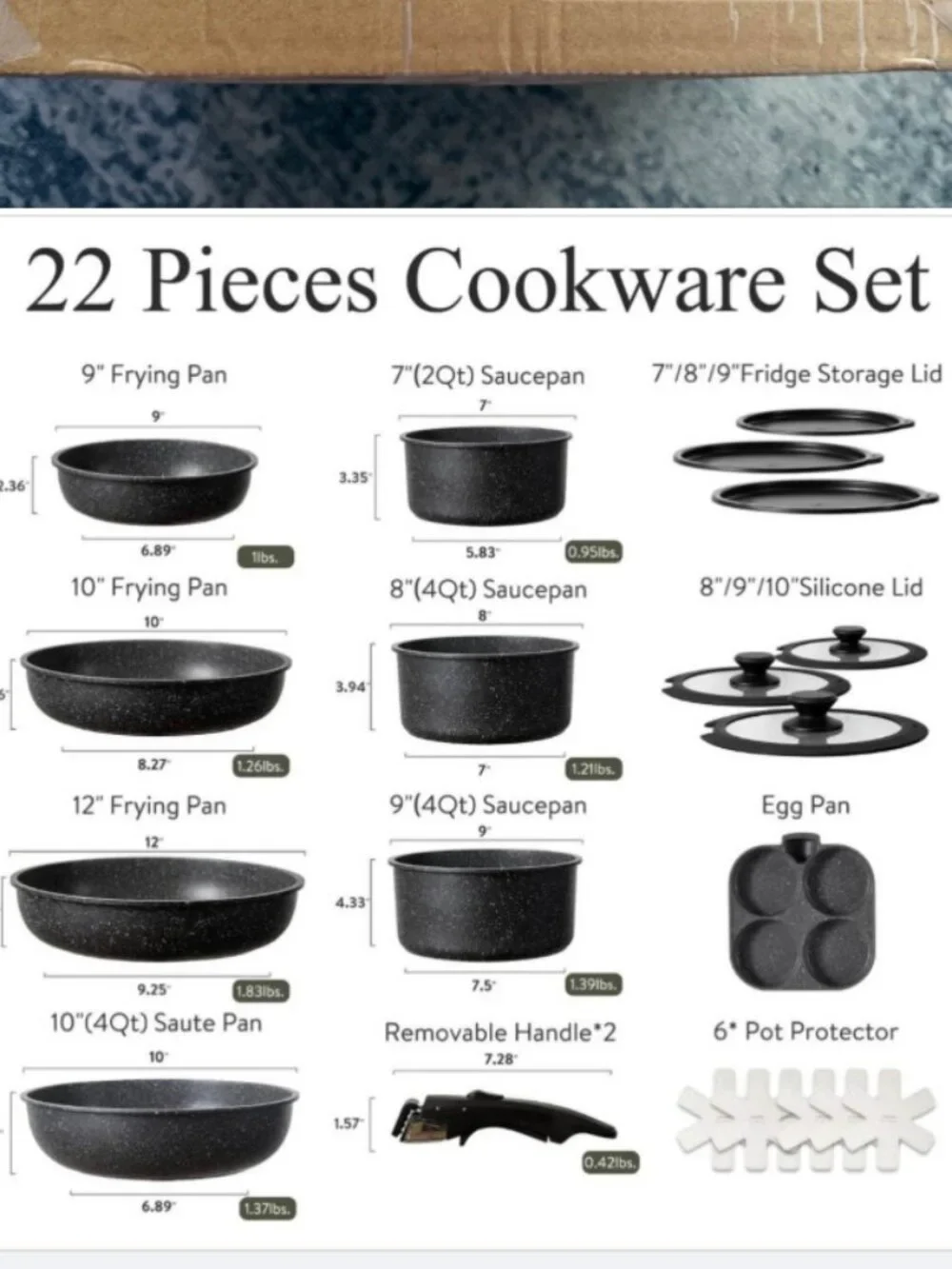 Carote A08656 22pcs Nonstick Cookware Set with Detachable Handle, Midnight Black